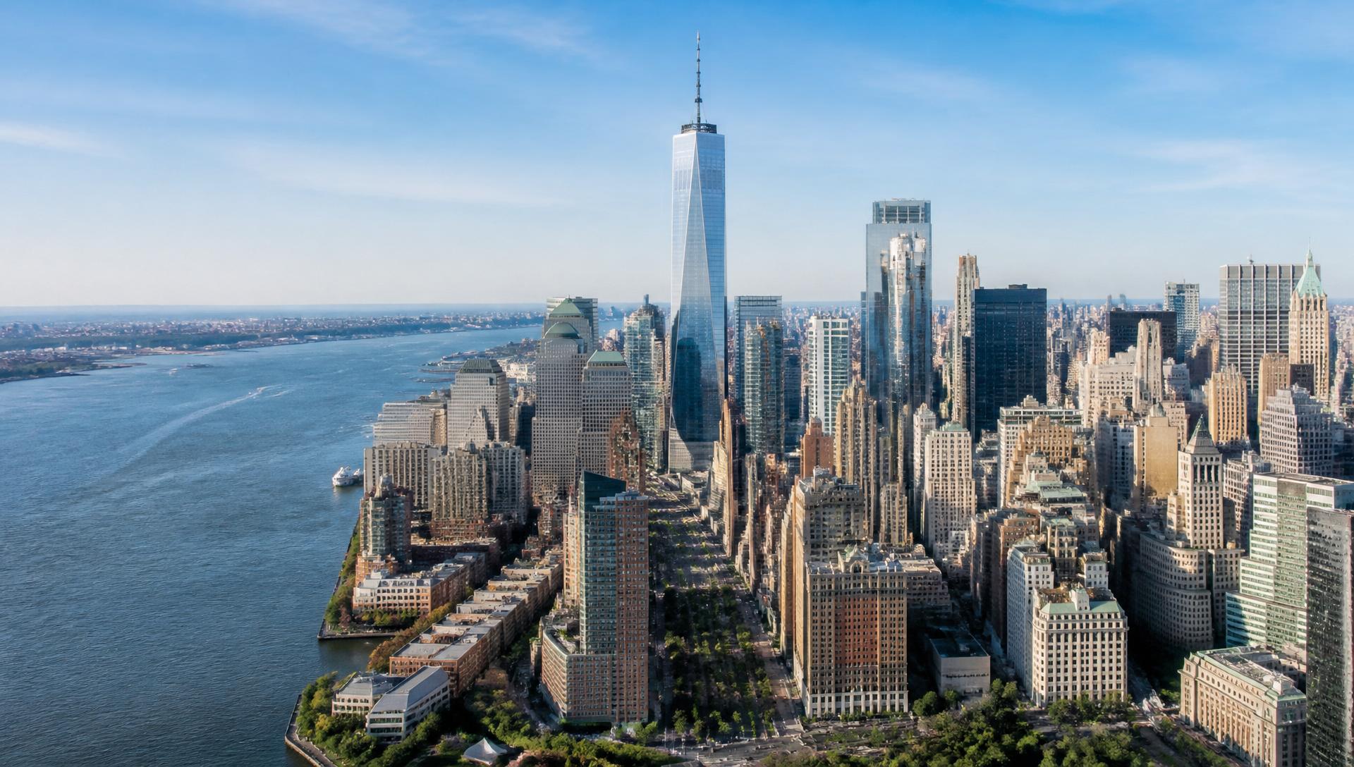 Daytime aerial view of Lower Manhattan and One World Trade Center